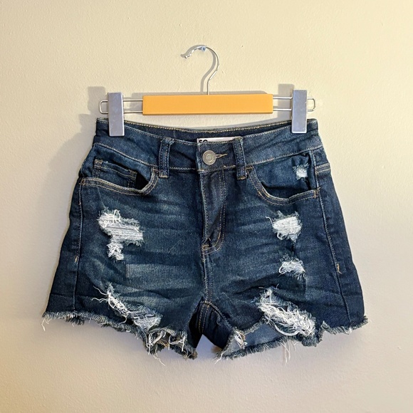 SO Dark Wash Distressed Denim High Rise Shortie Short - Picture 1 of 12